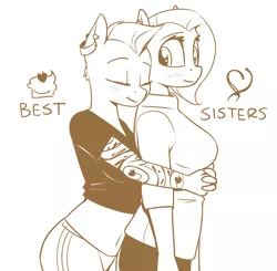 Size: 1280x1255 | Tagged: anthro, artist:cobaltsnow, blushing, clothes, derpibooru import, monochrome, oc, oc:cherry, oc:vanilla, safe, tattoo, unofficial characters only