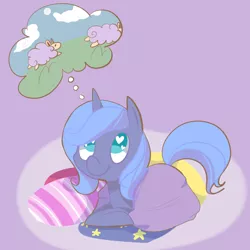 Size: 1000x1000 | Tagged: safe, artist:pegacornss, derpibooru import, princess luna, sheep, blanket, counting sheep, cute, heart eyes, looking up, lunabetes, pillow, prone, smiling, solo, :t, thought bubble, wingding eyes