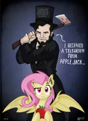 Size: 1386x1919 | Tagged: safe, artist:wolfjedisamuel, derpibooru import, fluttershy, bat pony, pony, bats!, abraham lincoln, abraham lincoln: vampire hunter, apple, axe, crossover, cutie mark, flutterbat, hat, race swap, raised eyebrow, this will end in death, this will end in tears, this will end in tears and/or death