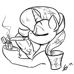 Size: 648x648 | Tagged: artist:gavalanche, cigar, derpibooru import, lighter, lineart, monochrome, rarity, safe, smoking, solo