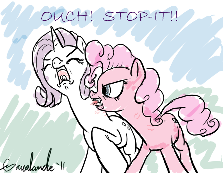 Size: 900x700 | Tagged: angry, artist:gavalanche, biting, dead source, derpibooru import, eyes closed, glare, horses doing horse things, neck biting, open mouth, pinkie pie, raripie, rarity, screaming, semi-grimdark, shipping