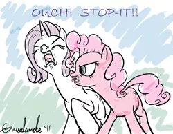 Size: 900x700 | Tagged: angry, artist:gavalanche, biting, dead source, derpibooru import, eyes closed, glare, horses doing horse things, neck biting, open mouth, pinkie pie, raripie, rarity, screaming, semi-grimdark, shipping