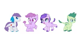 Size: 1261x560 | Tagged: artist:carnifex, artist:cat4lyst, artist:kianamai, artist:mochi--pon, artist:pia-sama, derpibooru import, dracony, fangs, freckles, hybrid, interdimensional siblings, interspecies offspring, kilalaverse, my little pony genesis, next generation, :o, oc, oc:crystal clarity, oc:gem, oc:lavender, oc:turquoise blitz, offspring, open mouth, parent:rarity, parent:spike, parents:sparity, raised hoof, safe, simple background, smiling, unofficial characters only, white background