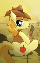 Size: 719x1111 | Tagged: apple, appleloosa, artist:drawponies, braeburn, braebutt, derpibooru import, hay bale, male, plot, profile, safe, sitting, sketch, solo