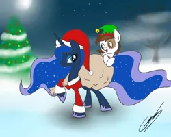 Size: 2500x2000 | Tagged: artist:gearholder, christmas tree, clothes, derpibooru import, female, hat, lunapip, male, pipsqueak, princess luna, safe, santa costume, santa hat, shipping, snow, straight, tree