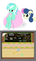 Size: 650x1080 | Tagged: safe, artist:jdan-s, derpibooru import, bon bon, carrot top, golden harvest, lyra heartstrings, minuette, sweetie drops, pony, bipedal, bon bon is not amused, nintendo entertainment system, parody, sitting lyra, video game