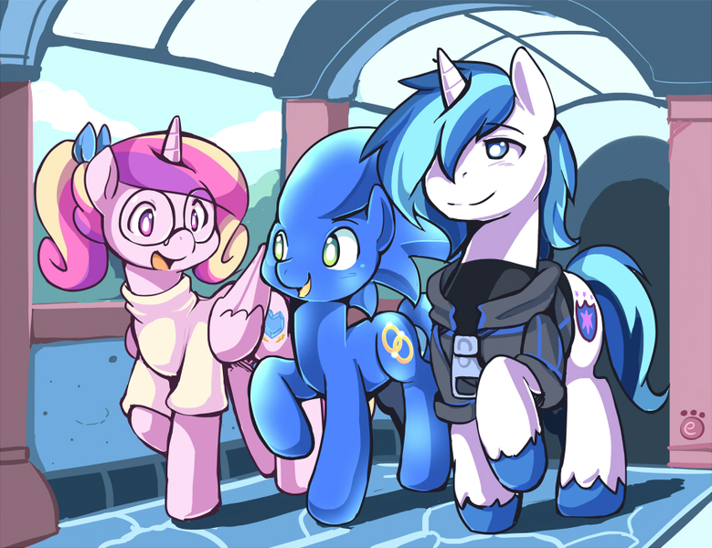 Size: 850x655 | Tagged: safe, artist:ende26, derpibooru import, princess cadance, shining armor, oc, oc:sonic dash, ponified, pony, clothes, commission, crossover, glasses, high school cadance, sonic the hedgehog, sonic the hedgehog (series)