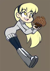 Size: 529x750 | Tagged: safe, artist:khuzang, derpibooru import, derpy hooves, human, equestria girls, brown background, clothes, cute, derpabetes, female, human coloration, humanized, light skin, muffin, no catchlights, no pupils, open mouth, simple background, solo, sweater