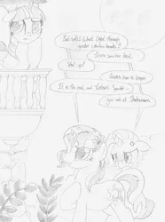 Size: 1000x1345 | Tagged: safe, artist:foxxy-arts, derpibooru import, sunset shimmer, trixie, twilight sparkle, twilight sparkle (alicorn), alicorn, pony, female, lesbian, mare, monochrome, romeo and juliet, shakespeare, shipping, sketch, sunsetsparkle, twixie