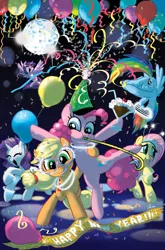 Size: 1000x1516 | Tagged: safe, artist:amy mebberson, derpibooru import, idw, applejack, fluttershy, pinkie pie, rainbow dash, rarity, twilight sparkle, twilight sparkle (alicorn), alicorn, pony, banner, confetti, cover, female, happy new year, hat, mane six, mare, party, party hat, party horn, shutter shades