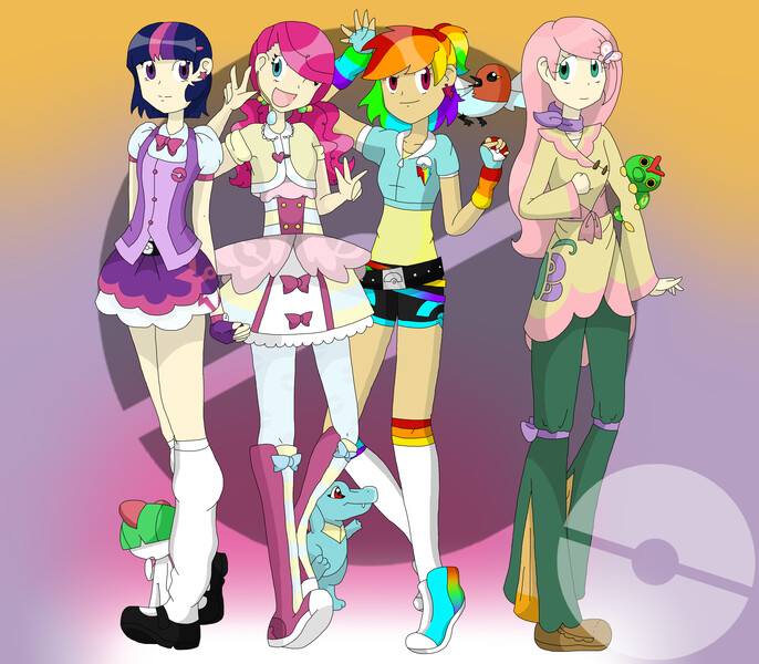 Size: 4000x3500 | Tagged: artist:unicornicopian, caterpie, clothes, converse, crossover, derpibooru import, fletchling, fluttershy, human, humanized, light skin, pinkie pie, pokéball, pokémon, rainbow dash, ralts, safe, shoes, totodile, twilight sparkle