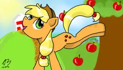 Size: 1280x730 | Tagged: safe, artist:flutteralpaca, derpibooru import, applejack, earth pony, pony, apple, apple tree, applebucking, applejack mid tree-buck facing the left with 3 apples falling down, applejack mid tree-buck with 3 apples falling down, barn, female, looking back, mare, solo