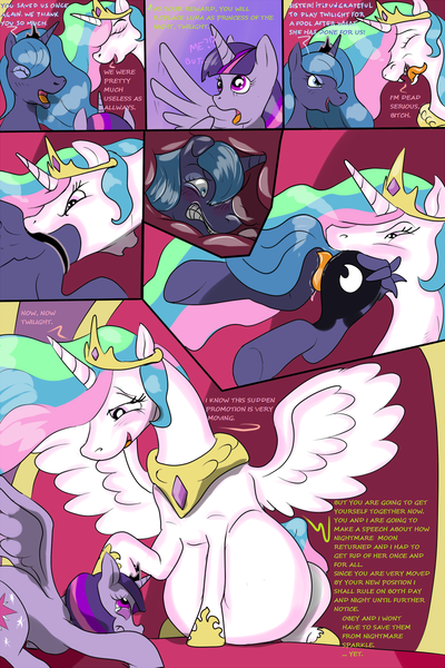 Size: 853x1280 | Tagged: questionable, semi-grimdark, artist:malus22, derpibooru import, princess celestia, princess luna, twilight sparkle, twilight sparkle (alicorn), alicorn, pony, belly, big belly, blushing, bowing, comic, crotch tasting, crying, dialogue, drool, dubious consent, eyes closed, female, fetish, frown, gritted teeth, implied death, implied digestion, internal, mare, open mouth, petting, princess vorestia, scared, sitting, smiling, soft vore, spread wings, throat, tongue out, tyrant celestia, vore, wingboner, wings