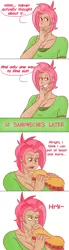Size: 1000x3611 | Tagged: artist:hamflo, ask human babs seed, babs seed, derpibooru import, eating, human, humanized, imminent vomiting, safe, sandwich, solo