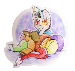 Size: 800x754 | Tagged: safe, artist:walnutsprout, derpibooru import, discord, book, pillow, reading, simple background, solo, traditional art, transparent background, unshorn fetlocks, younger