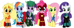 Size: 5760x2240 | Tagged: alternate hairstyle, applejack, artist:beavernator, blonde, crossover, dc comics, derpibooru import, fluttershy, green arrow, green lantern, hatless, hugpony poses, loose hair, mane six, marvel comics, missing accessory, pinkie pie, rainbow dash, rarity, safe, superhero, the flash, the incredible hulk, thor, twilight sparkle, windswept mane, wonderjack, wonder woman