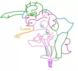 Size: 664x611 | Tagged: artist:the weaver, bubble berry, derpibooru import, human, oc, oc:anon, oc:femanon, party horn, pinkie pie, pogo stick, riding, rule 63, safe, simple background, white background