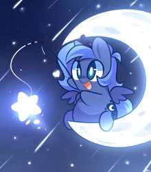 Size: 880x1000 | Tagged: artist:lifeloser, chibi, crescent moon, cute, derpibooru import, dreamworks, filly, fishing, fishing rod, happy, heart, lunabetes, moon, open mouth, princess luna, safe, sitting, smiling, solo, space, stars, tangible heavenly object, transparent moon, woona, younger