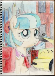 Size: 1496x2074 | Tagged: safe, artist:apocheck13, derpibooru import, coco pommel, earth pony, pony, rarity takes manehattan, bag, car, female, manehattan, mare, saddle bag, solo, suitcase, taxi, traditional art