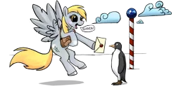 Size: 1920x998 | Tagged: safe, artist:jrrhack, derpibooru import, derpy hooves, pegasus, penguin, pony, female, fluffy, flying, hoof hold, letter, mail, mailbag, mare, north pole, open mouth, smiling, spread wings