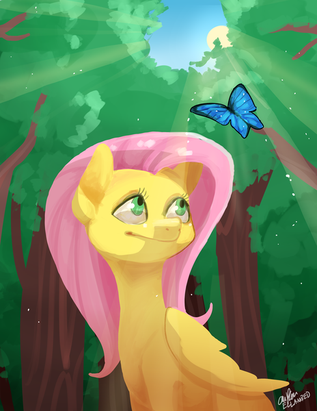 Size: 900x1165 | Tagged: safe, artist:ellamred, derpibooru import, fluttershy, butterfly, crepuscular rays, forest, solo