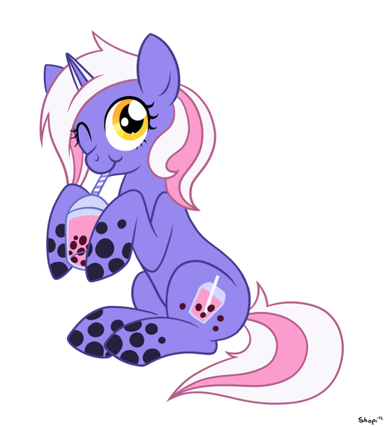 Size: 690x765 | Tagged: artist:shopistar, bubble tea, derpibooru import, food pony, oc, original species, safe, solo, unofficial characters only, wink