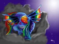 Size: 1200x900 | Tagged: safe, artist:lahiur, derpibooru import, rainbow dash, bat pony, pony, bat ponified, cloud, fangs, race swap, rainbowbat, solo, unshorn fetlocks