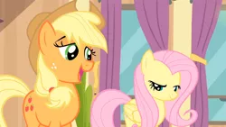 Size: 1280x720 | Tagged: safe, derpibooru import, screencap, applejack, fluttershy, rarity takes manehattan, lidded eyes, out of context