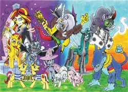 Size: 4909x3511 | Tagged: safe, artist:cityo, derpibooru import, ahuizotl, diamond tiara, discord, flam, flim, king sombra, nightmare moon, queen chrysalis, silver spoon, sunset shimmer, trixie, pony, equestria girls, antagonist, needs more jpeg, traditional art, twilight scepter