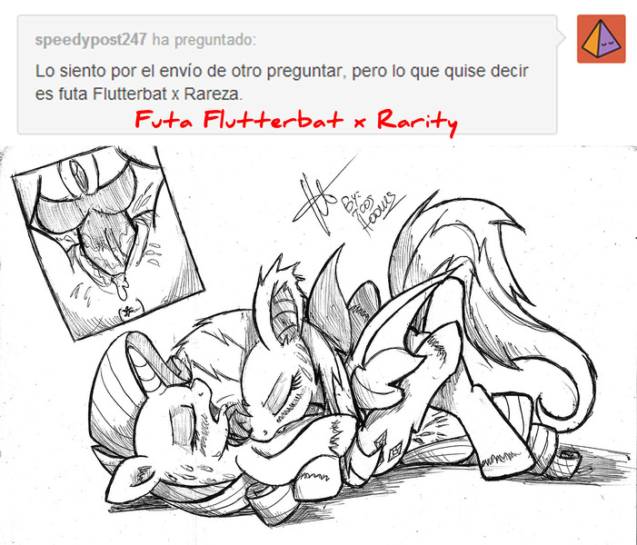 Size: 1280x1096 | Tagged: explicit, artist:jcosneverexisted, derpibooru import, fluttershy, rarity, ask, biting, flarity, futa, futa flutterbat, futa fluttershy, futa on female, grayscale, intersex, nudity, penis, sex, shipping, tumblr, vagina