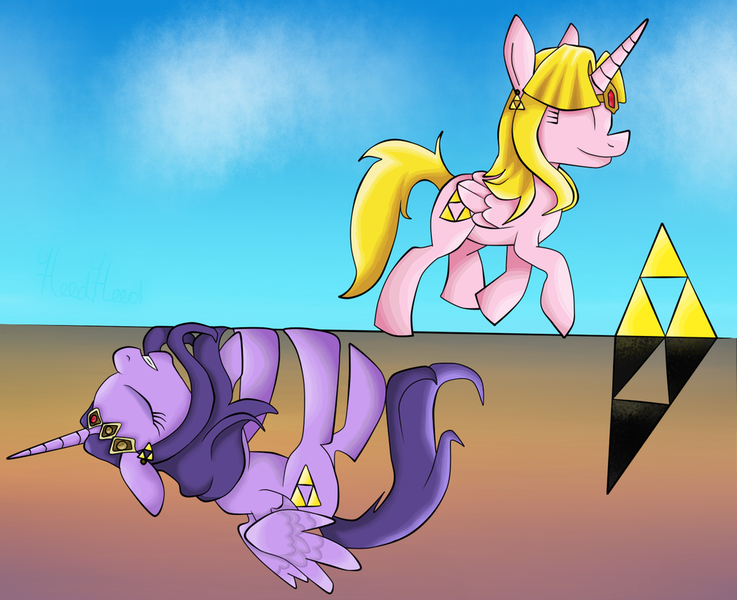 Size: 1024x834 | Tagged: safe, artist:heedheed, derpibooru import, ponified, alicorn, pony, cute, eyes closed, frown, gritted teeth, happy, princess hilda, princess zelda, sad, smiling, spread wings, the legend of zelda, the legend of zelda: a link between worlds, tired, triforce, trotting