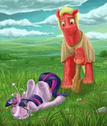 Size: 1905x2259 | Tagged: safe, artist:gor1ck, derpibooru import, big macintosh, twilight sparkle, earth pony, pony, fanfic, cave pony, club, dizzy, fanfic art, floppy ears, frown, gritted teeth, male, prehistoric, prone, raised eyebrow, stallion, time travel, underhoof