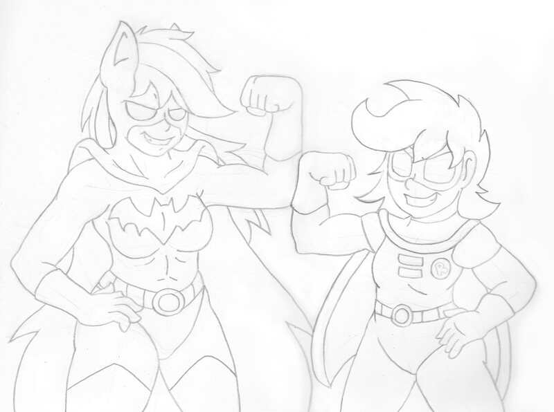 Size: 2547x1899 | Tagged: artist:blackbewhite2k7, batman, batmare, dc comics, derpibooru import, human, humanized, rainbow dash, robin, safe, scootaloo, wip