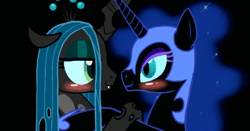 Size: 420x220 | Tagged: suggestive, artist:mittsies, artist:tiarawhy, derpibooru import, nightmare moon, queen chrysalis, pony, a devious plot, animated, blushing, chrysmoon, drool, drool string, explicit source, female, french kiss, kissing, lesbian, mare