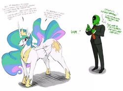 Size: 1917x1423 | Tagged: suggestive, artist:sunibee, derpibooru import, princess celestia, oc, oc:anon, alicorn, human, pony, clothes, dialogue, female, hair over one eye, human male, large butt, looking back, male, mare, nervous, open mouth, plot, presenting, raised tail, riding, shivering, smiling, speech bubble, sunbutt, sweat, teasing, thought bubble, vulgar, wiggle