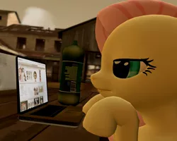 Size: 1280x1024 | Tagged: 3d, bored, browsing, computer, derpibooru, derpibooru import, edit, fluttershy, gmod, laptop computer, macbook, safe, sitting, soda, sprunk