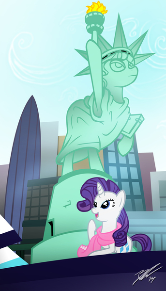 Size: 3000x5250 | Tagged: safe, artist:hazardmarine, derpibooru import, rarity, pony, unicorn, rarity takes manehattan, clothes, female, manehattan, mare, scarf, solo, statue of friendship