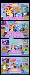 Size: 1050x2640 | Tagged: safe, artist:ficficponyfic, derpibooru import, gilda, lightning dust, sunset shimmer, trixie, gryphon, pegasus, pony, unicorn, alcohol, bed, beer, candle, comic, female, ficficponyfic you magnificent bastard, gildust, hangover, implying, lesbian, mare, morning after, pillow, shipping, suntrix
