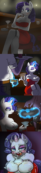 Size: 1280x5330 | Tagged: explicit, artist:strangerdanger, artist:velexane, derpibooru import, rarity, anthro, alcohol, ashtray, balls, bar, bedroom eyes, belly button, breast hold, breasts, bukkake, busty rarity, cigarette, cigarette holder, clothes, comic, covering, crossed legs, cum, cum drinking, cum in container, cum in glass, cum on breasts, cum on hair, cup, digital art, dress, drink, exposed breasts, eyeshadow, facial, female, fishnets, flared, glass, grope, horsecock, image, imminent cum drinking, implied straight, lipstick, magic, magicjob, makeup, male, martini, nipple pinch, nipples, nudity, penis, penis milking, png, rarislut, rarity gets all the stallions, red dress, sexy, smiling, smoke, smoking, solo, solo female, stockings, straight, teasing, telekinesis, undressing, waiter, wine glass