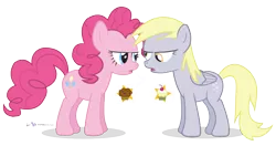 Size: 850x450 | Tagged: safe, artist:dm29, derpibooru import, derpy hooves, pinkie pie, pegasus, pony, argument, cupcake, cupcakes vs muffins, duo, female, mare, muffin, simple background, transparent background