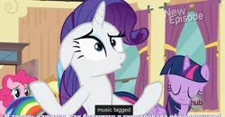 Size: 1600x830 | Tagged: safe, derpibooru import, screencap, applejack, pinkie pie, rainbow dash, rarity, twilight sparkle, twilight sparkle (alicorn), alicorn, pony, rarity takes manehattan, female, hub logo, mare, meme, music, new episode, russian, youtube caption