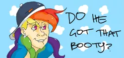 Size: 787x367 | Tagged: artist:mcwhale4, backwards ballcap, baseball cap, bust, cap, derpibooru import, ear piercing, earring, female, hat, human, human female, humanized, jewelry, light skin, no pupils, piercing, portrait, rainbow dash, safe, solo