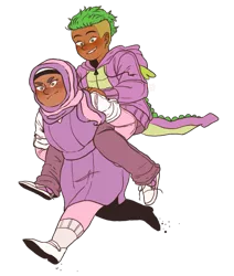 Size: 699x825 | Tagged: safe, artist:nyan-cow, derpibooru import, spike, sweetie belle, human, converse, female, hijab, humanized, islam, male, moderate dark skin, piggyback ride, shipping, shoes, spikebelle, straight