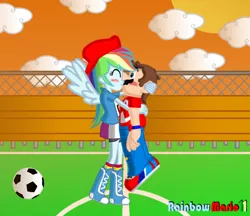 Size: 1100x950 | Tagged: safe, artist:rainbowmario11, derpibooru import, rainbow dash, human, equestria girls, blushing, crossover, crossover shipping, football, humanized, kissing, maridash, mario, nintendo, ponied up, shipping, super mario bros., winged humanization, wings