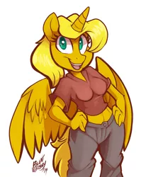 Size: 1280x1609 | Tagged: alicorn, alicorn oc, anthro, anthro oc, artist:bluntwhiskey, belly button, clothes, derpibooru import, hand on hip, midriff, oc, oc:ticket, open mouth, pants, safe, shirt, smiling, solo, spread wings, ticket, unofficial characters only