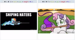 Size: 512x272 | Tagged: safe, derpibooru import, rainbow dash, sweetie belle, pegasus, pony, unicorn, derpibooru, exploitable meme, female, filly, gun, hooves, horn, juxtaposition, juxtaposition win, lying down, mare, meme, meta, optical sight, rifle, sniper rifle, text, weapon, wings