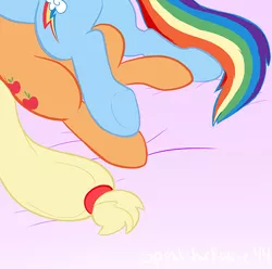 Size: 600x596 | Tagged: suggestive, artist:spiralshockwave, derpibooru import, applejack, rainbow dash, appledash, bed, cuddling, female, hooves, lesbian, on back, shipping, snuggling