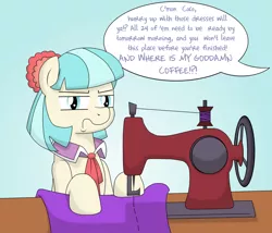 Size: 1024x878 | Tagged: artist:drako1997, coco pommel, derpibooru import, frown, offscreen character, rarity takes manehattan, safe, sewing, sewing machine, solo, speech bubble, suri polomare, unamused, unhappy, vulgar, working