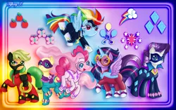 Size: 3964x2484 | Tagged: safe, artist:itiffanyblue, derpibooru import, applejack, fili-second, fluttershy, masked matter-horn, mistress marevelous, pinkie pie, radiance, rainbow dash, rarity, saddle rager, twilight sparkle, twilight sparkle (alicorn), zapp, alicorn, pony, power ponies (episode), clothes, costume, female, fulfilled cutie mark, mane six, mare, power ponies