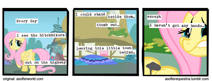 Size: 720x275 | Tagged: safe, artist:limeylassen, derpibooru import, fluttershy, a softer world, comic, hitchhiking, sad